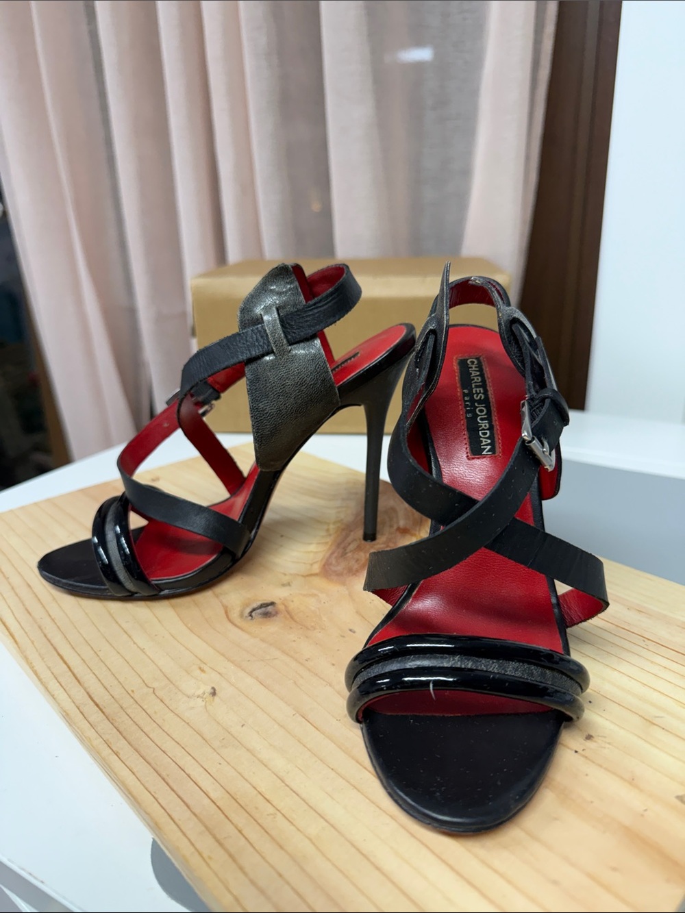 Charles Jourdan Black Strappy High Heels with Red Insole